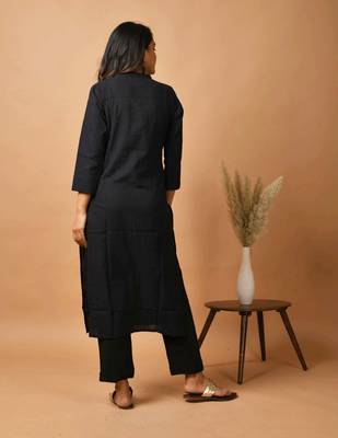 KAAJH Black Solid Cotton Casual Kurta Pant Set 2