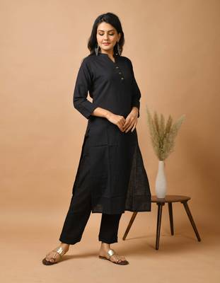 KAAJH Black Solid Cotton Casual Kurta Pant Set 3