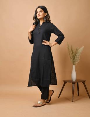 KAAJH Black Solid Cotton Casual Kurta Pant Set 4