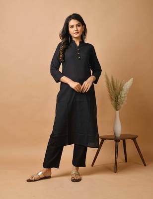 KAAJH Black Solid Cotton Casual Kurta Pant Set 5