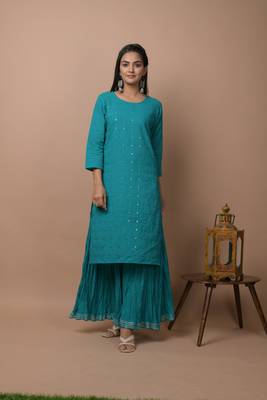 Teal-green plain cotton cotton-kurtis 1