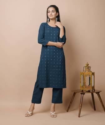 KAAJH Navy Blue Mirror Cotton Casual Kurta Pant Set 1