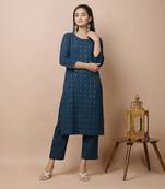 KAAJH Navy Blue Mirror Cotton Casual Kurta Pant Set