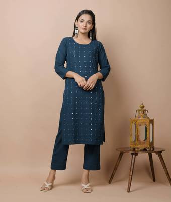 KAAJH Navy Blue Mirror Cotton Casual Kurta Pant Set 2