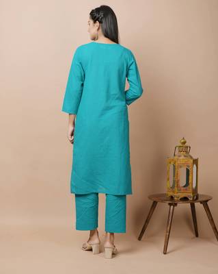KAAJH Teal Green Mirror Cotton Casual Kurta Pant Set 2