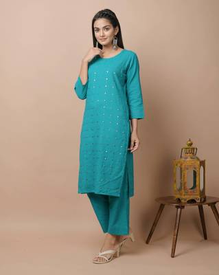 KAAJH Teal Green Mirror Cotton Casual Kurta Pant Set 3