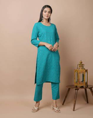KAAJH Teal Green Mirror Cotton Casual Kurta Pant Set 4