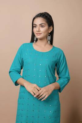 KAAJH Teal Green Mirror Cotton Casual Kurta Pant Set 5