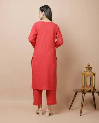 KAAJH Red Mirror Cotton Casual Kurta Pant Set 3