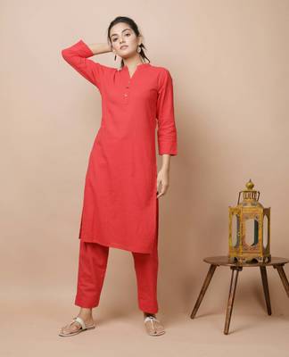KAAJH Red Solid Cotton Casual Kurta Pant Set 1