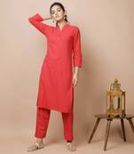 KAAJH Red Solid Cotton Casual Kurta Pant Set