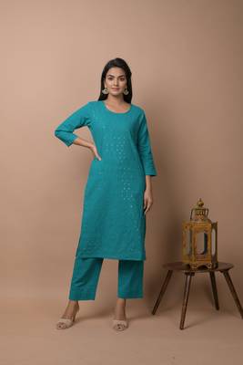 KAAJH Teal Green Sequin Cotton Casual Kurta Pant Set 1