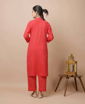 KAAJH Red Solid Cotton Casual Kurta Pant Set 2