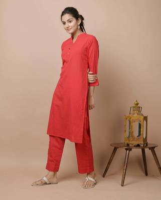 KAAJH Red Solid Cotton Casual Kurta Pant Set 3