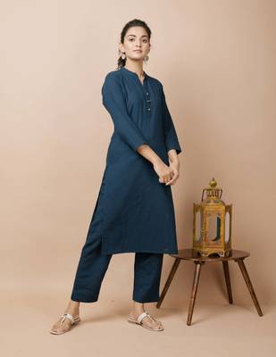 Navy Blue Cotton Kurta Pant Set 4