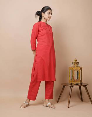 KAAJH Red Solid Cotton Casual Kurta Pant Set 4