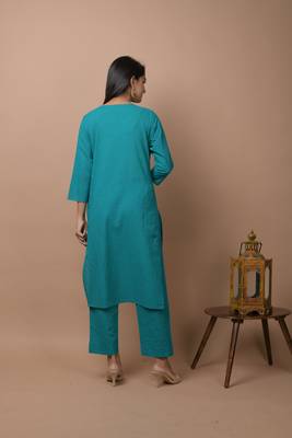 KAAJH Teal Green Sequin Cotton Casual Kurta Pant Set 2
