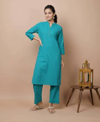 KAAJH Teal Green Solid Cotton Casual Kurta Pant Set 1