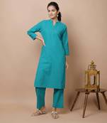 KAAJH Teal Green Solid Cotton Casual Kurta Pant Set