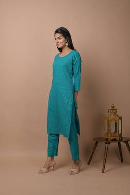 KAAJH Teal Green Sequin Cotton Casual Kurta Pant Set 3