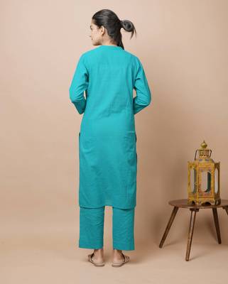 KAAJH Teal Green Solid Cotton Casual Kurta Pant Set 2