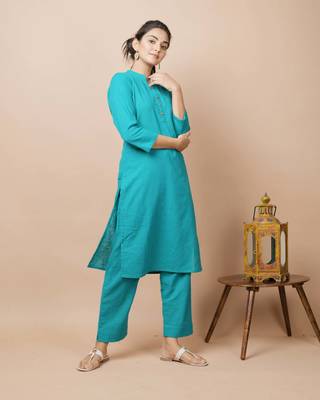 KAAJH Teal Green Solid Cotton Casual Kurta Pant Set 4