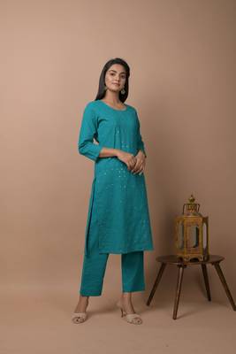 KAAJH Teal Green Sequin Cotton Casual Kurta Pant Set 4
