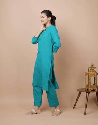 KAAJH Teal Green Solid Cotton Casual Kurta Pant Set 5