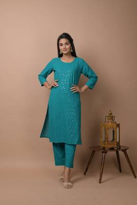 KAAJH Teal Green Sequin Cotton Casual Kurta Pant Set 5