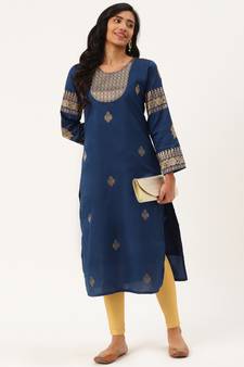 Navy-Blue Woven Silk Party-Wear-Kurtis