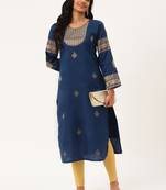 Navy-Blue Woven Silk Party-Wear-Kurtis