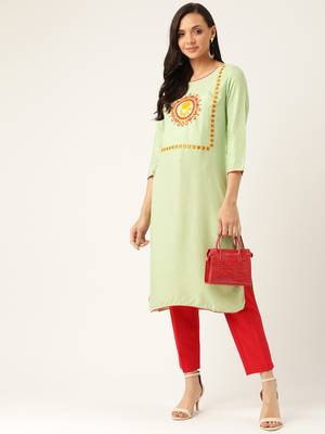 Light-Green Embroidered Rayon Embroidered-Kurtis 1