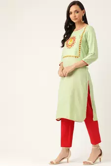 Light-Green Embroidered Rayon Embroidered-Kurtis