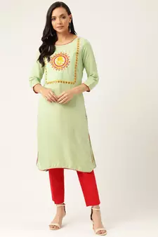 Light-Green Embroidered Rayon Embroidered-Kurtis