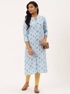 Light-Blue Printed Rayon P y-Wear-Kurtis 1