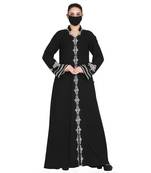 Mushkiya-Black-Front Open Abaya With White Embroidery.
