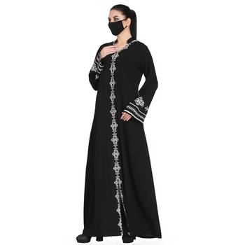 Mushkiya-Black-Front Open Abaya With White Embroidery. 2