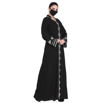 Mushkiya-Black-Front Open Abaya With White Embroidery. 3
