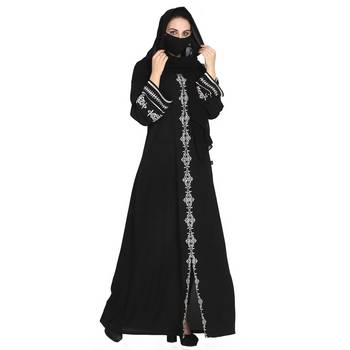 Mushkiya-Black-Front Open Abaya With White Embroidery. 5