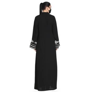 Mushkiya-Black-Front Open Abaya With White Embroidery. 6
