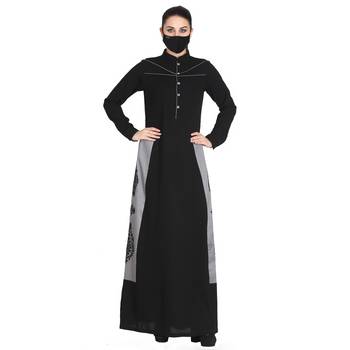 Mushkiya-Front Open Abaya With Contrast Embroidered Patches. 1
