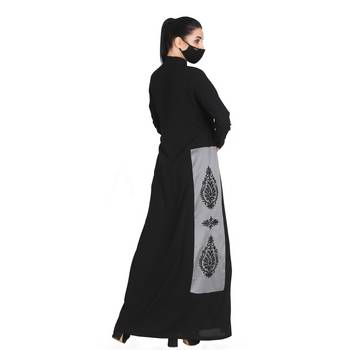 Mushkiya-Front Open Abaya With Contrast Embroidered Patches. 6
