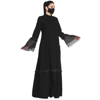 Mushkiya-Black Abaya With Bell Sleeves In Organza. 1