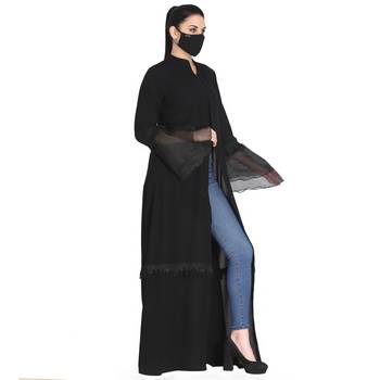 Mushkiya-Black Abaya With Bell Sleeves In Organza. 6