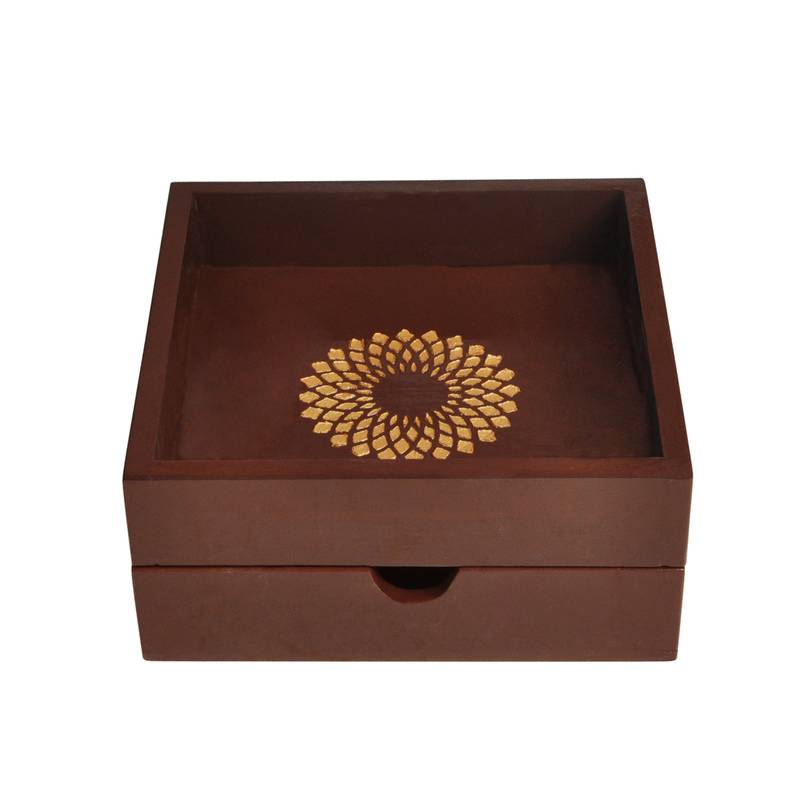 Wooden Hand Painted Home Office Table Decor Serving Wooden Decorative Tray With Drawer (8.5 X 8.5 X 4 Inches, Brown)