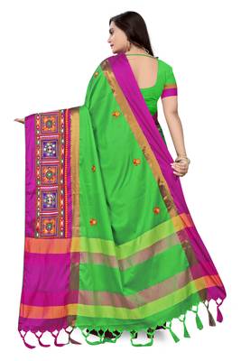 Green embroidered cotton silk saree with blouse 5