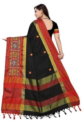 Black embroidered cotton silk saree with blouse 5