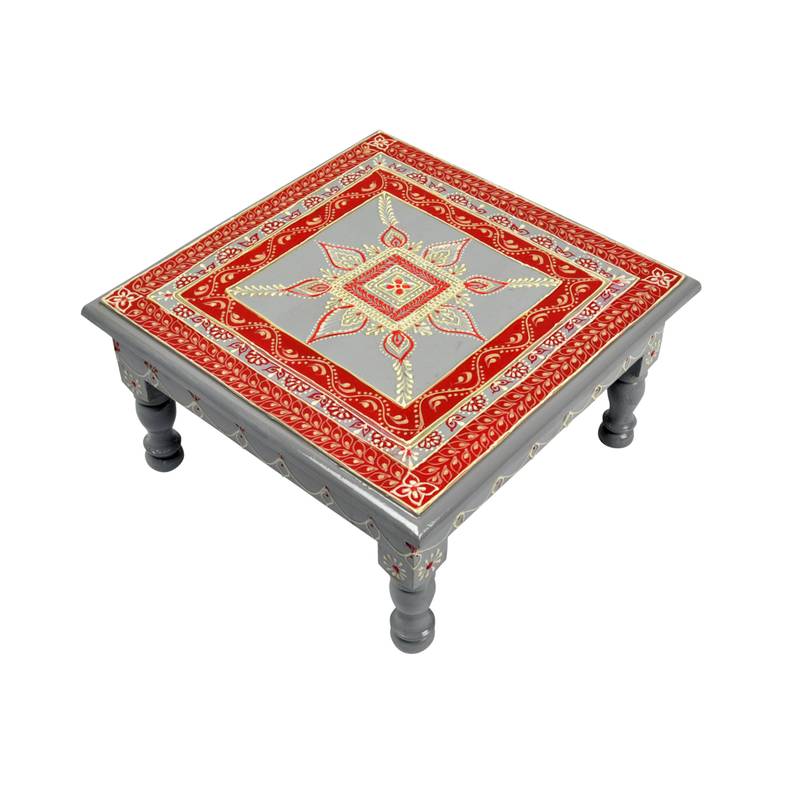 Hand painted Wooden Square Low High Stool Corner Table Footstool Chowki Bajot (11 X 11 X 6 Inch)