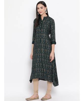 Span Oxford Green Printed A-line Kurta 4