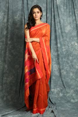 Orange woven bengal handloom saree with blouse 1